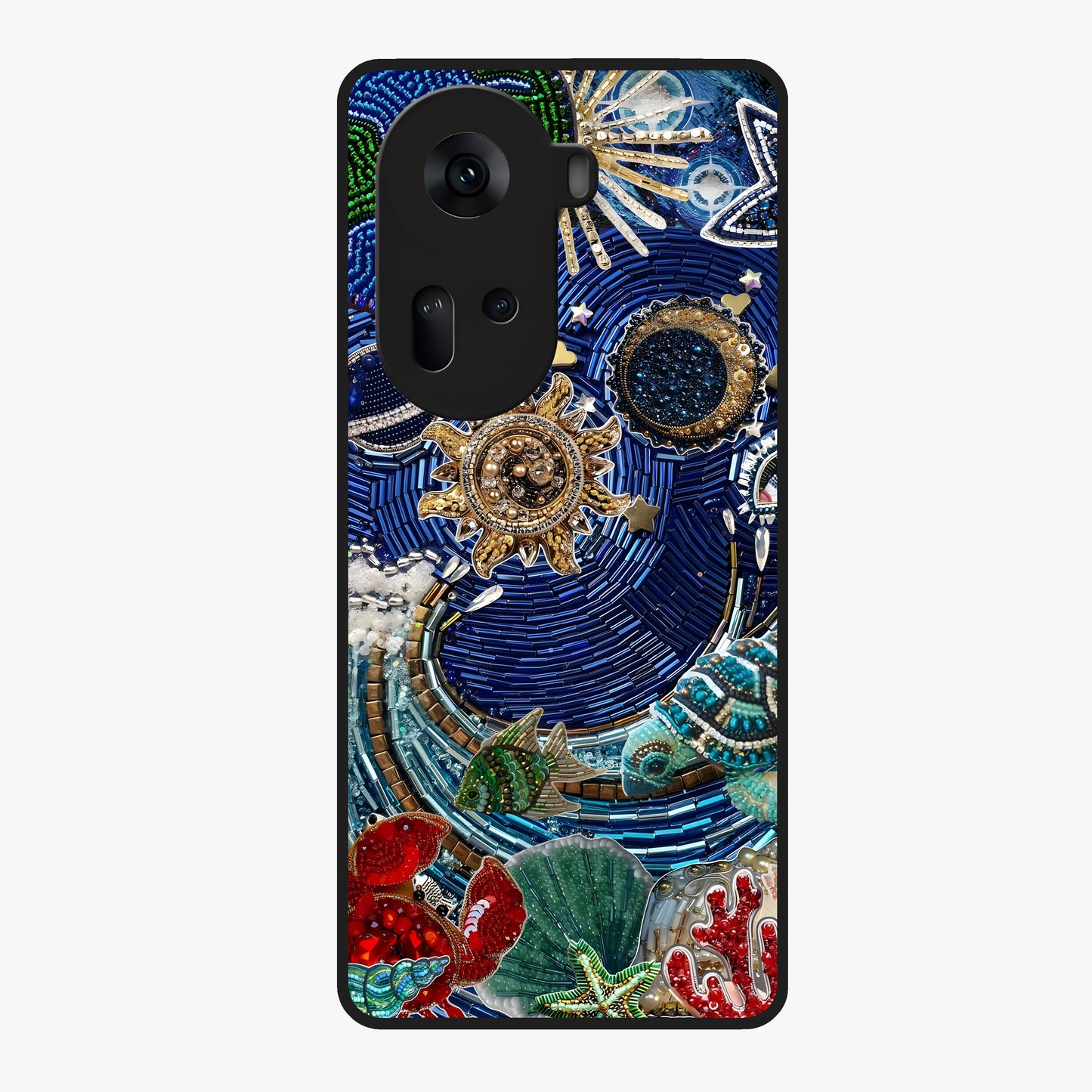 Universe Underwater Spark Glass Case showing flat back view with cosmic underwater themed artwork and glossy glass finish.