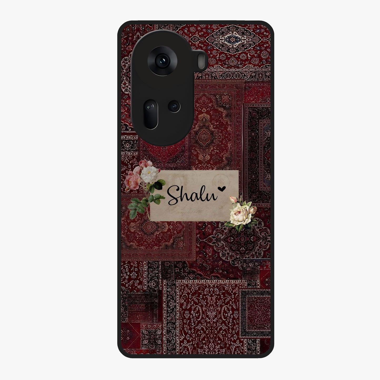 Velvet Wine Pattern Custom Name Glass Case showing flat back view with elegant wine colored pattern artwork and personalized name design.