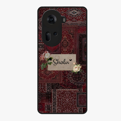 Velvet Wine Pattern Custom Name Glass Case showing flat back view with elegant wine colored pattern artwork and personalized name design.