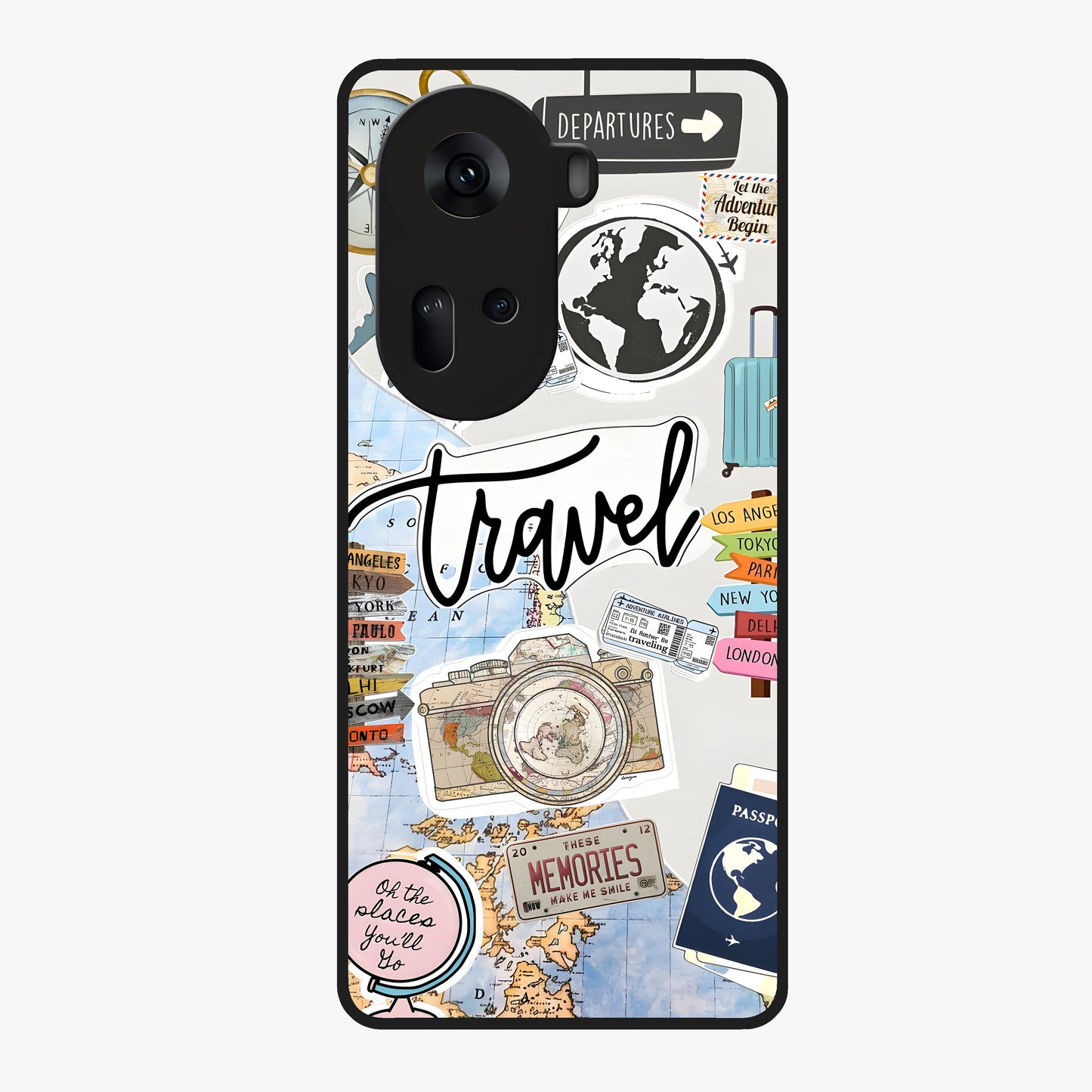 Wanderlust Journal Glass Case showing flat back view with travel inspired artwork and glossy glass finish.