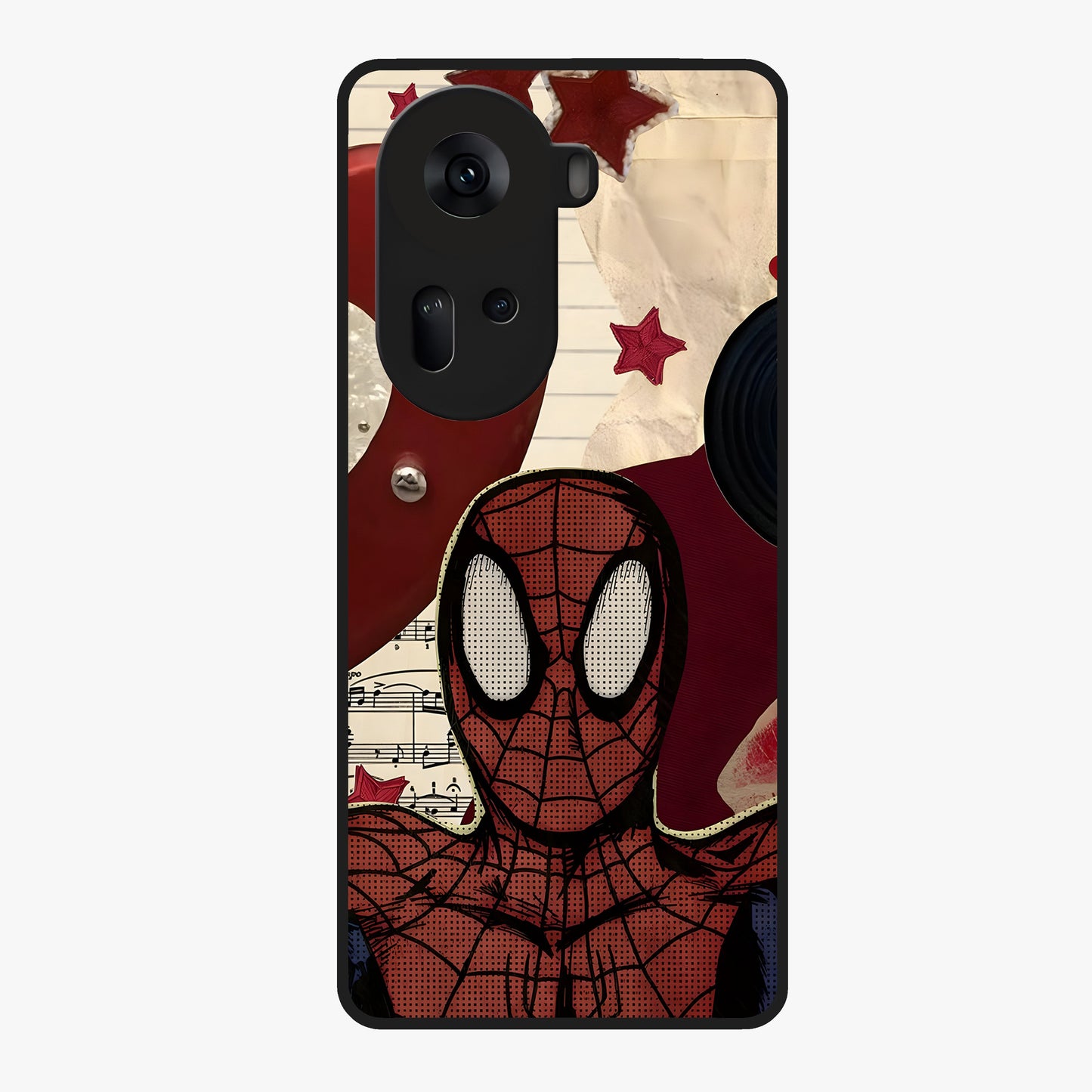 Web Warrior Vibes Glass Case showing flat back view with superhero inspired web themed artwork and glossy glass finish.