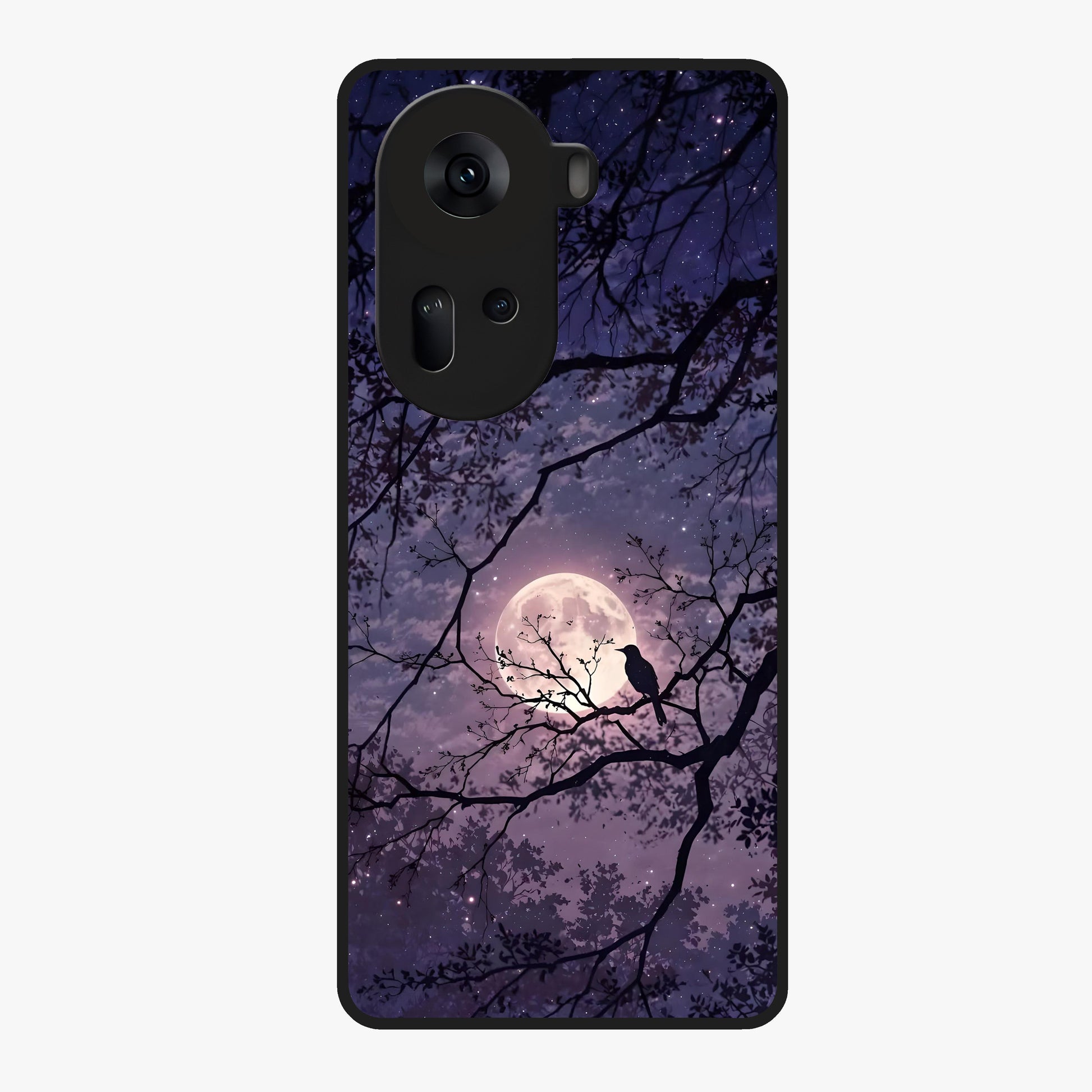 Whispering Moon Silence Glass Case showing flat back view with serene moon themed artwork and glossy glass finish.