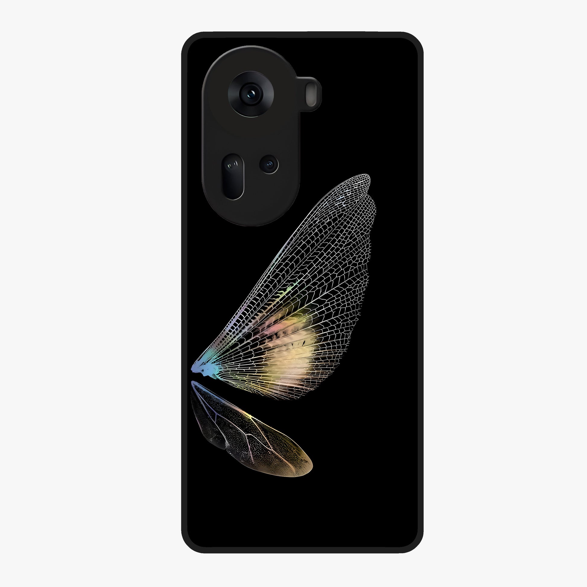 Whispers Of Wings Glass Case showing flat back view with graceful wing inspired artwork and glossy glass finish.