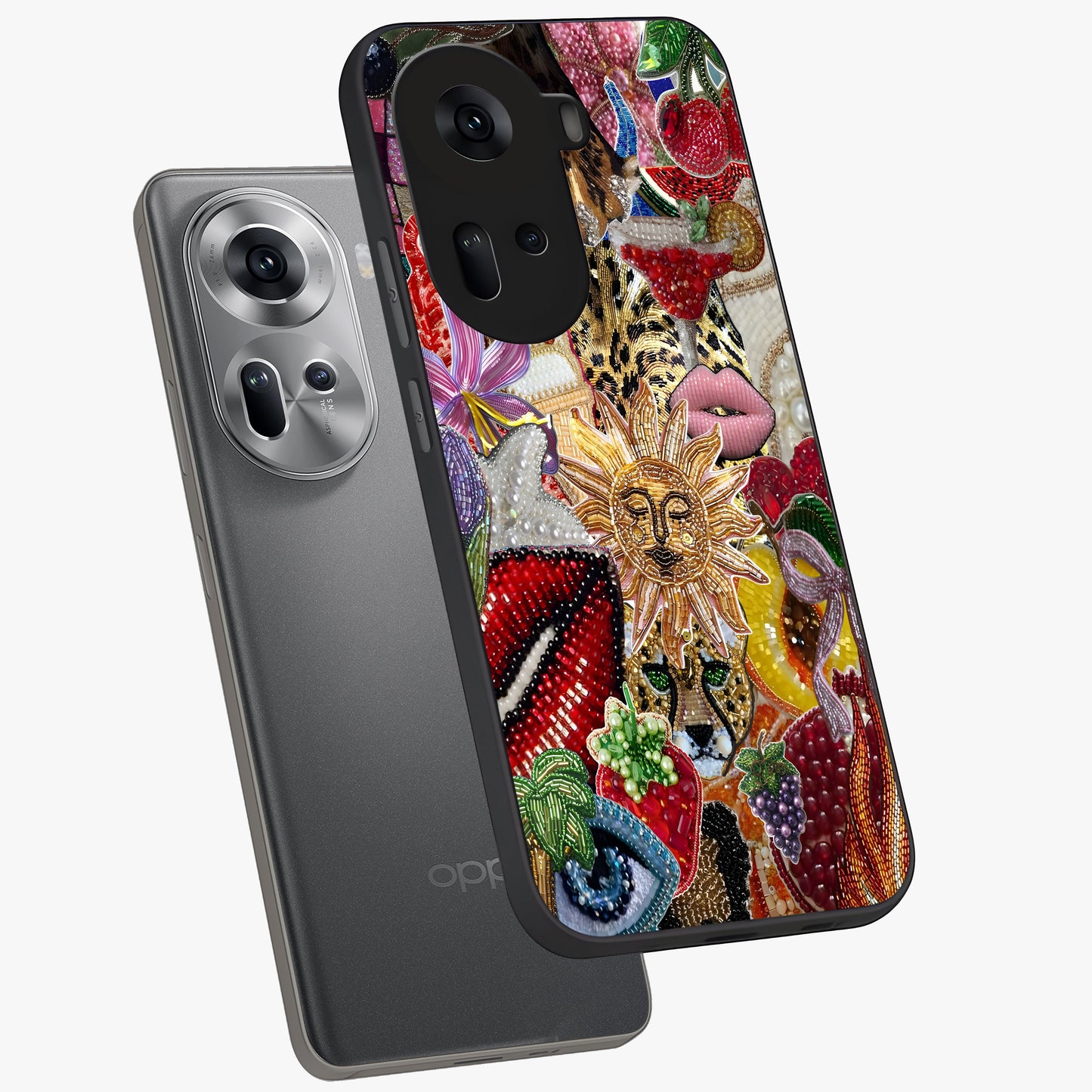 Beaded Fashion Jungle Glass Case displayed in angled mockup highlighting colorful fashion bead design and artistic pattern.