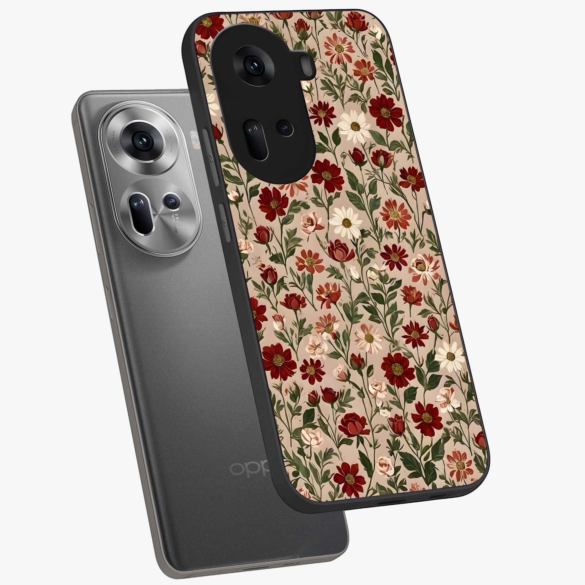 Biege Flower With Leaf Glass Case displayed in angled mockup highlighting minimal floral leaf design and elegant aesthetic.