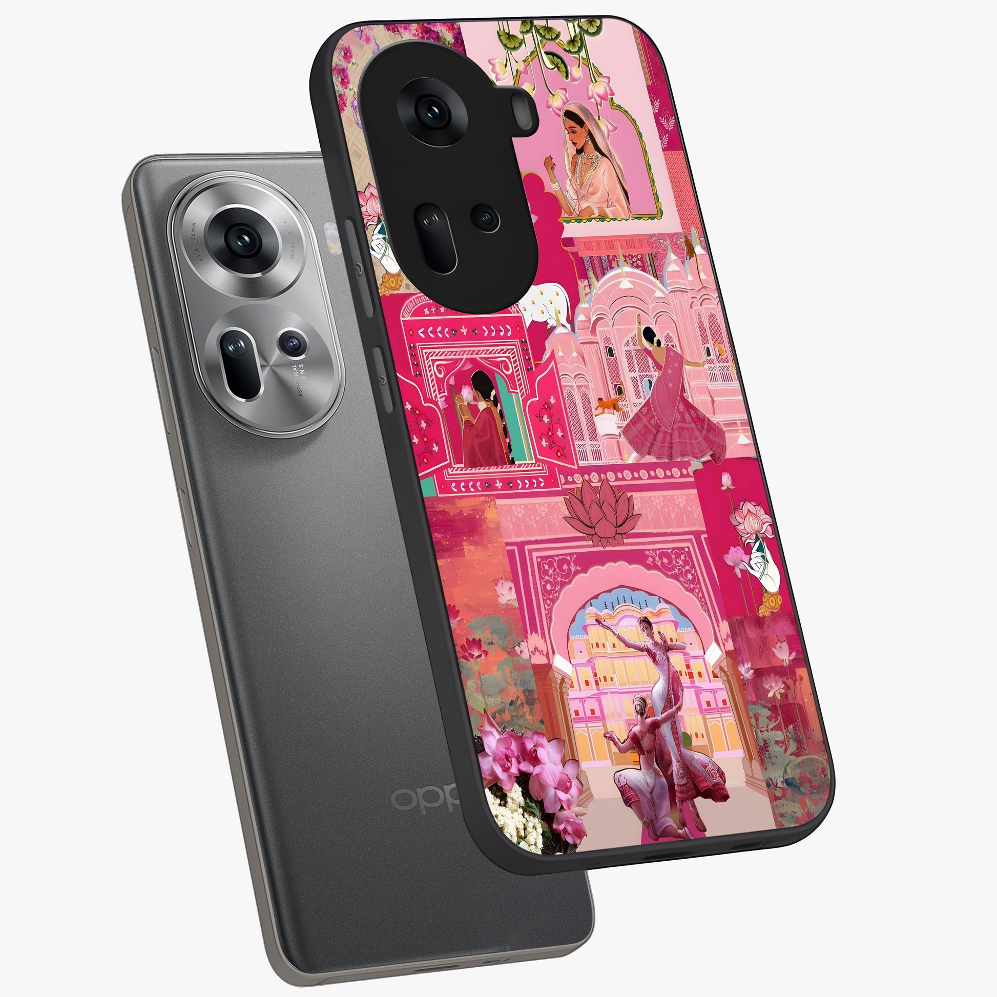 Blossoms of Rajasthan Glass Case displayed in angled mockup highlighting vibrant floral pattern with cultural aesthetic style.