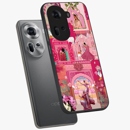 Blossoms of Rajasthan Glass Case displayed in angled mockup highlighting vibrant floral pattern with cultural aesthetic style.