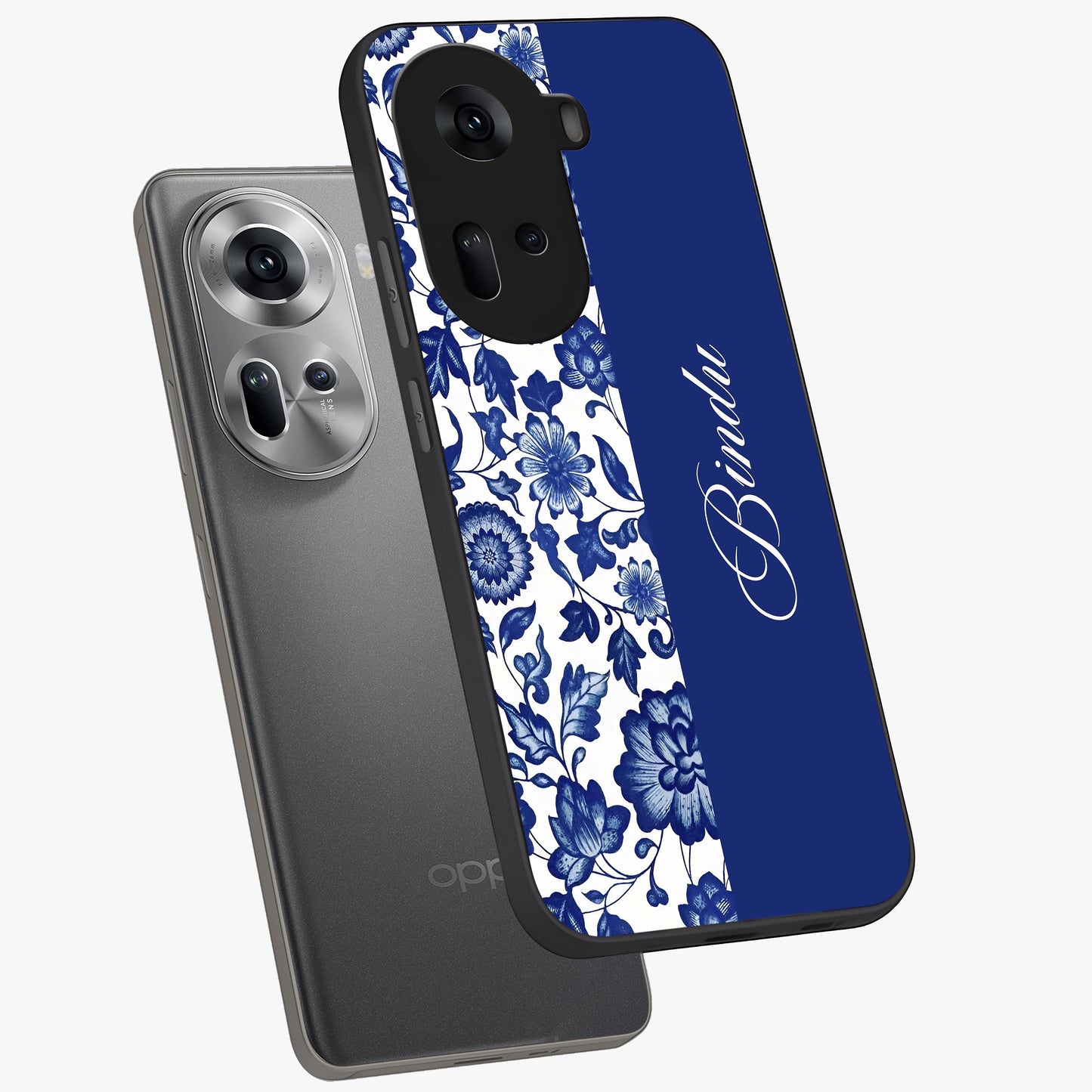 Blue Vintage Floral Pattern Glass Case displayed in angled mockup highlighting subtle bloom pattern with aesthetic pastel design.