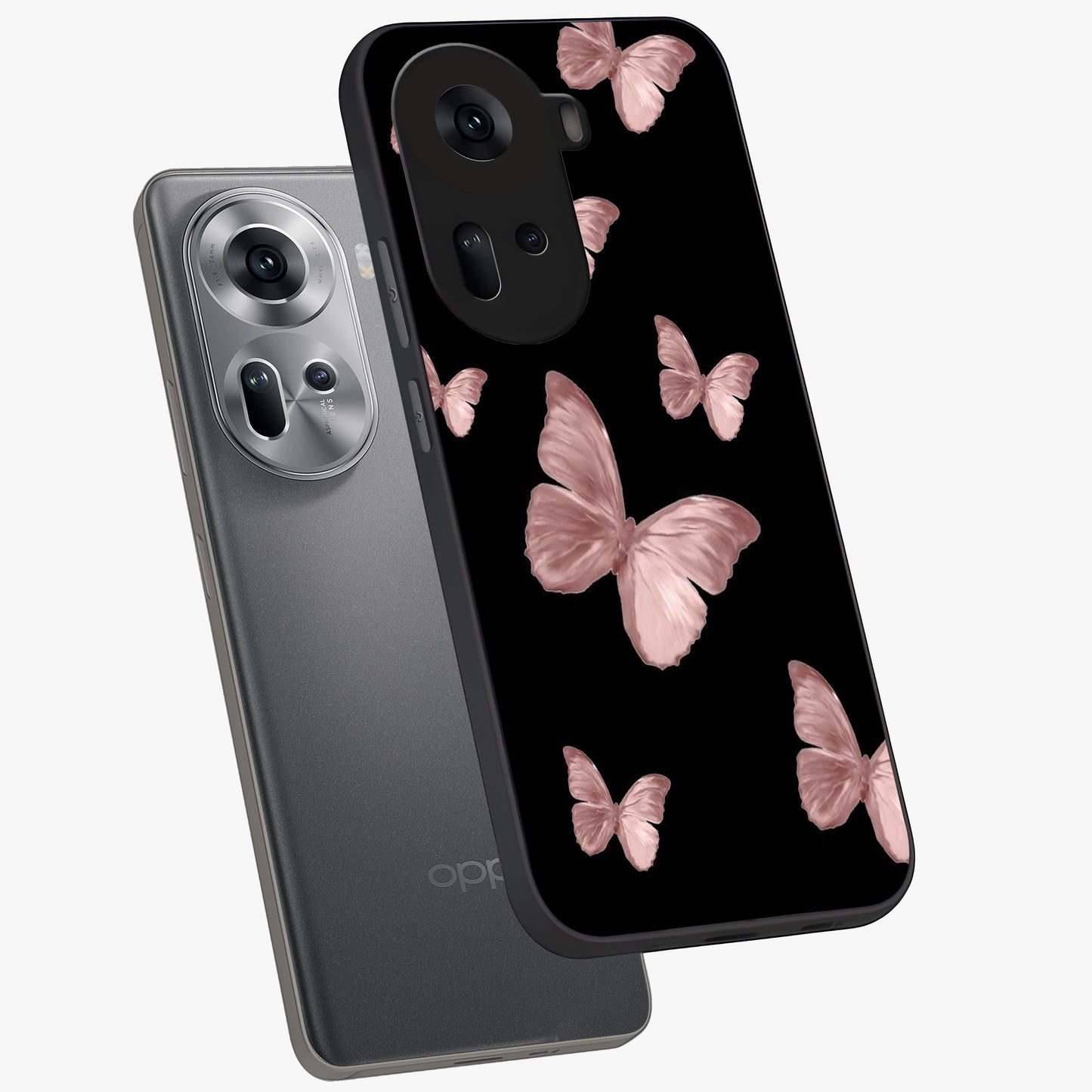 Butterfly Pattern Glass Case displayed in angled mockup highlighting delicate butterfly design and aesthetic pattern style.