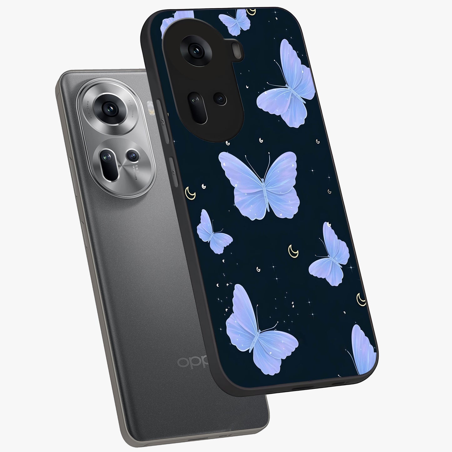 Butterfly With Stars Pattern Glass Case displayed in angled mockup highlighting dreamy butterfly and star design with aesthetic theme.