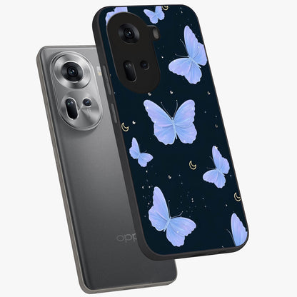 Butterfly With Stars Pattern Glass Case displayed in angled mockup highlighting dreamy butterfly and star design with aesthetic theme.