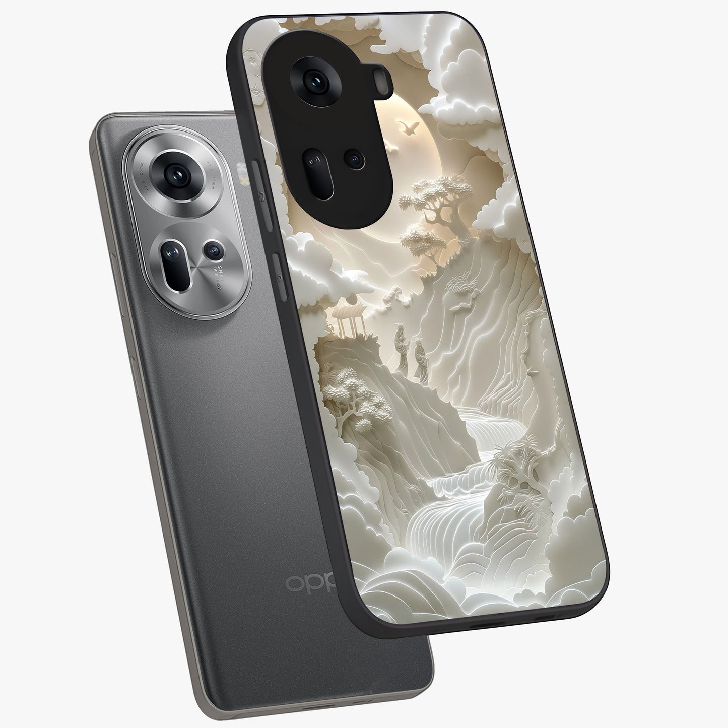 Celestial Origami Glass Case displayed in angled mockup highlighting geometric origami design with cosmic aesthetic theme.