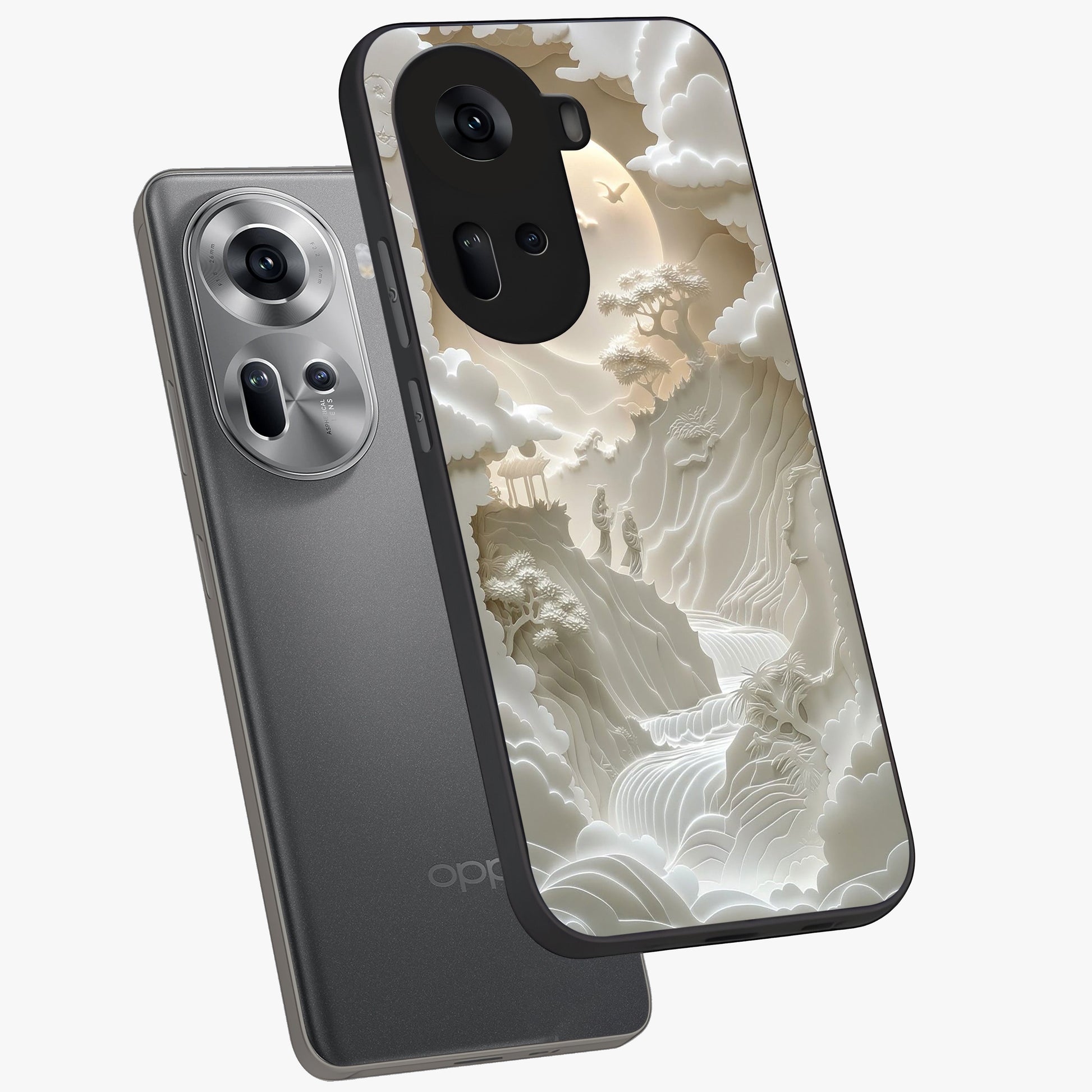 Celestial Origami Glass Case displayed in angled mockup highlighting geometric origami design with cosmic aesthetic theme.