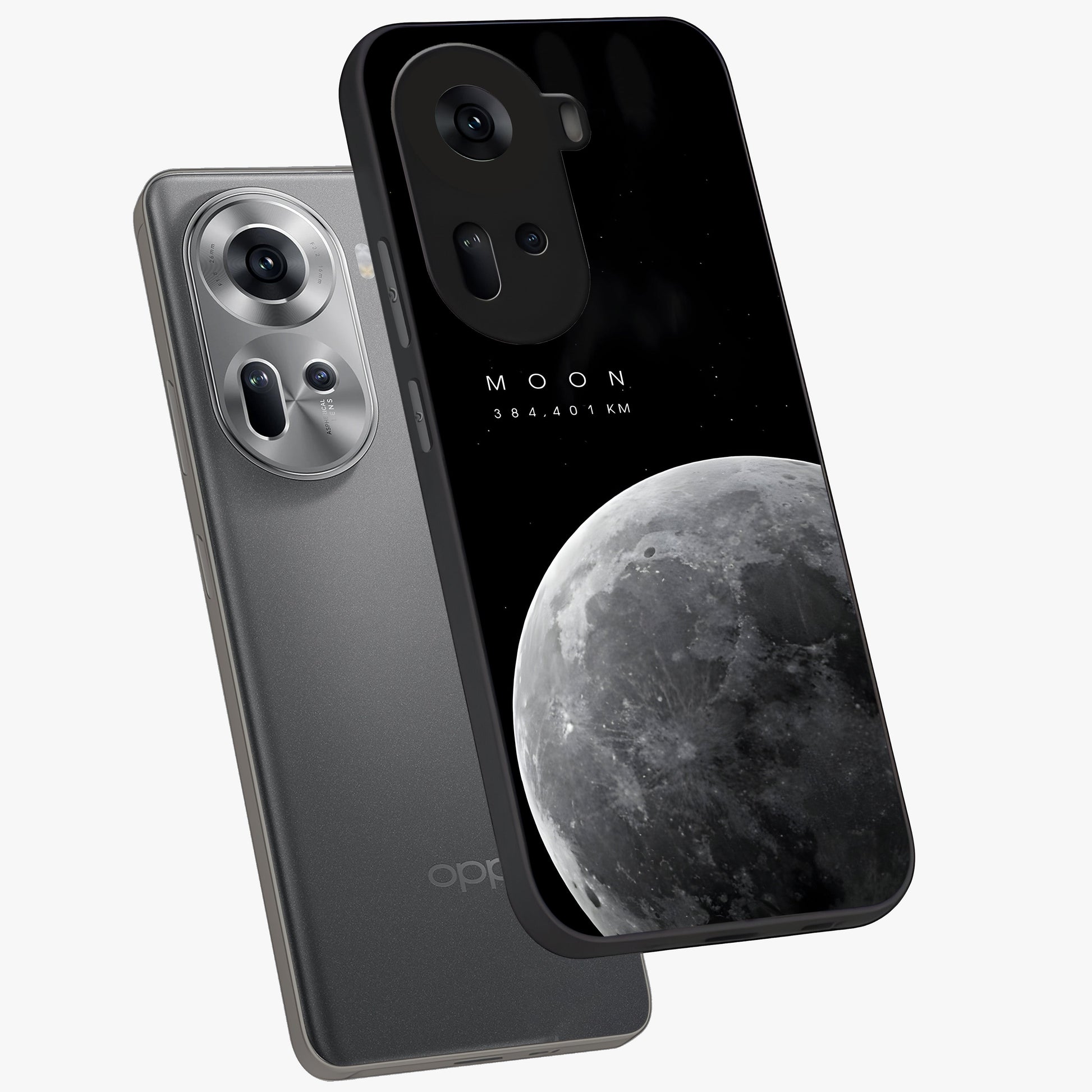 Cosmic Moon Glow Glass Case displayed in angled mockup highlighting celestial moon design with cosmic aesthetic theme.