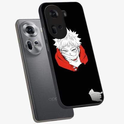 Crimson Chaos Smile Glass Case displayed in angled mockup highlighting edgy crimson smile design with graphic aesthetic.