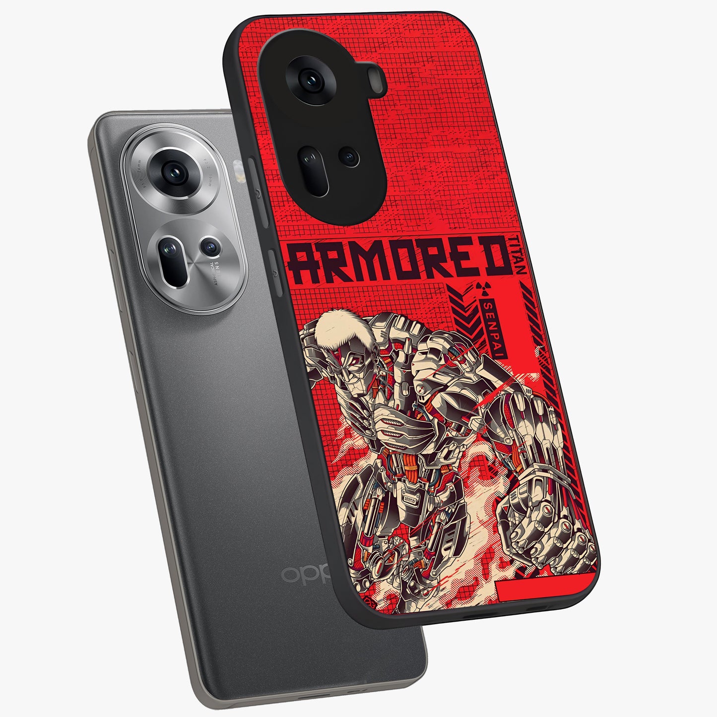 Crimson Mecha Titan Glass Case displayed in angled mockup highlighting futuristic mech illustration with bold crimson aesthetic.