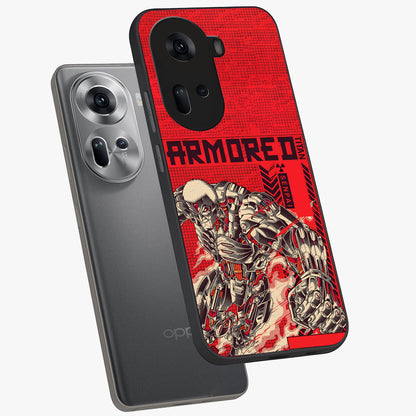 Crimson Mecha Titan Glass Case displayed in angled mockup highlighting futuristic mech illustration with bold crimson aesthetic.