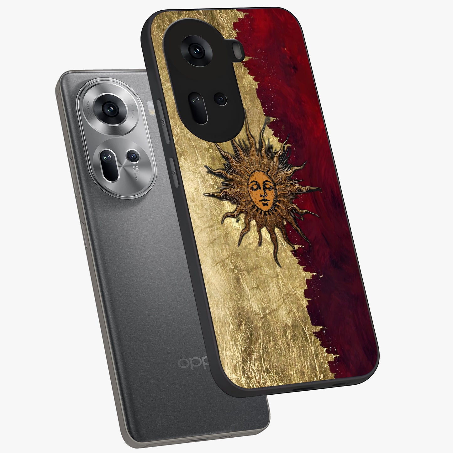 Crimson Sun Majesty Glass Case displayed in angled mockup highlighting majestic crimson sun design with bold aesthetic style.