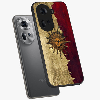 Crimson Sun Majesty Glass Case displayed in angled mockup highlighting majestic crimson sun design with bold aesthetic style.