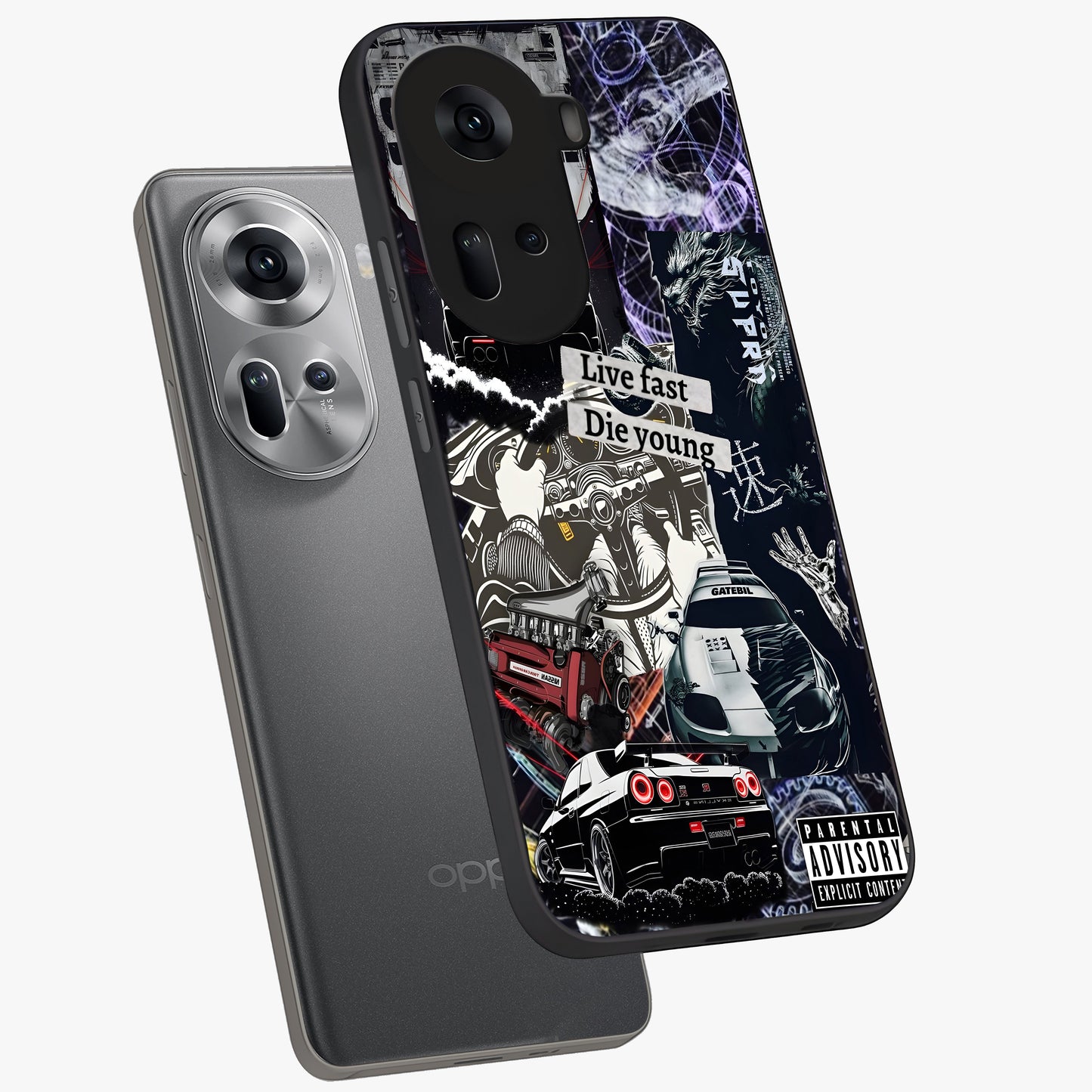 Die Young Glass Case displayed in angled mockup highlighting expressive graphic artwork with edgy aesthetic style.