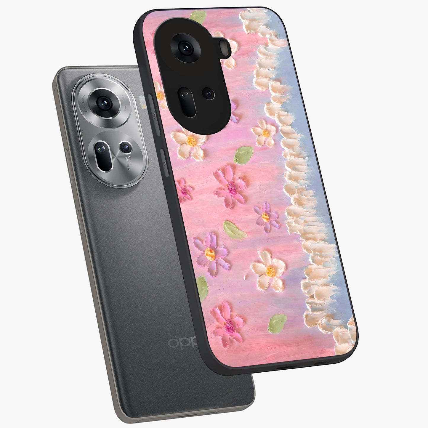 Dreamy Painted Garden Glass Case displayed in angled mockup highlighting colorful garden illustration with dreamy aesthetic style.