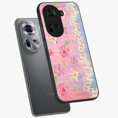 Dreamy Painted Garden Glass Case displayed in angled mockup highlighting colorful garden illustration with dreamy aesthetic style.