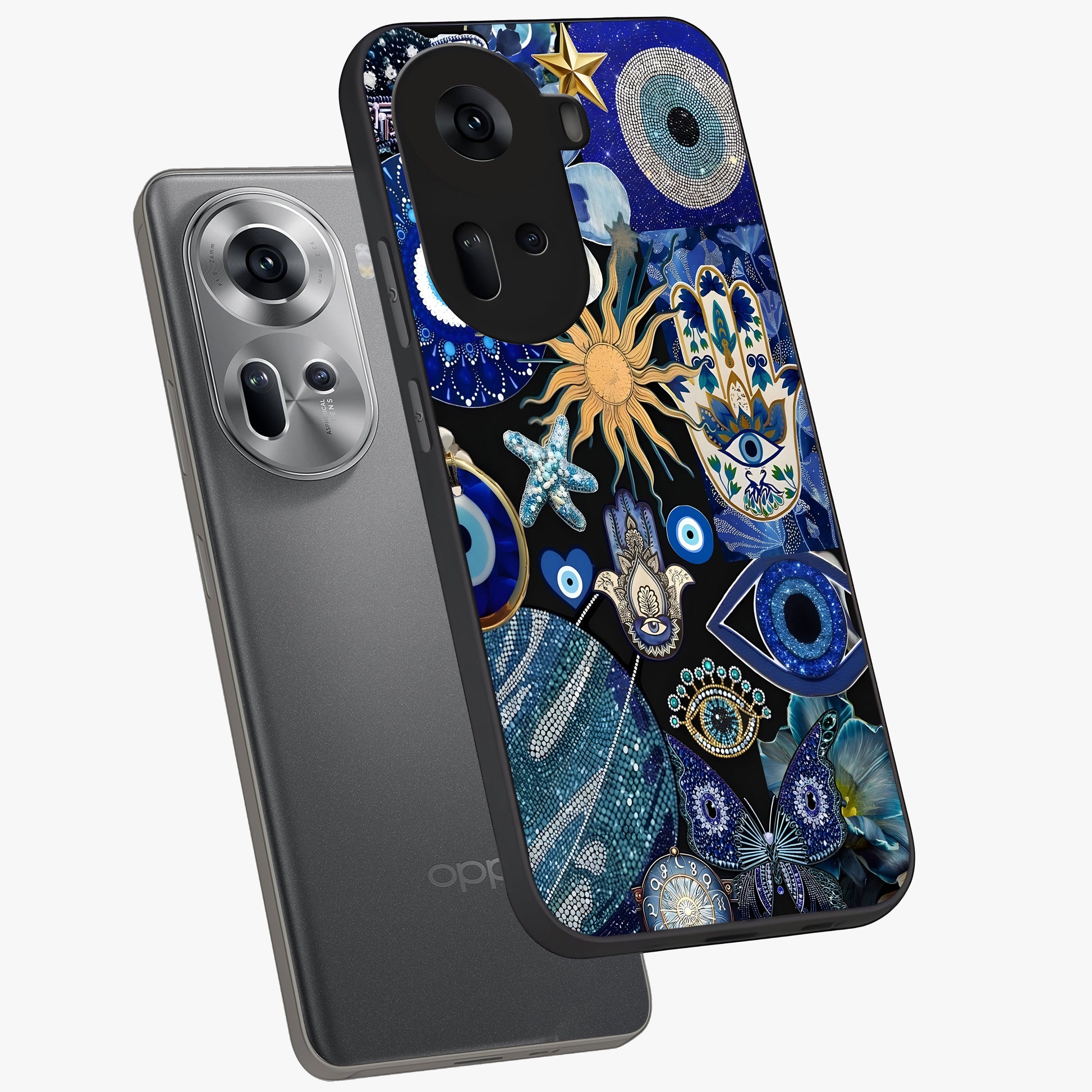 Evil Eye Charm Mix Glass Case displayed in angled mockup highlighting protective evil eye symbols with spiritual aesthetic design.