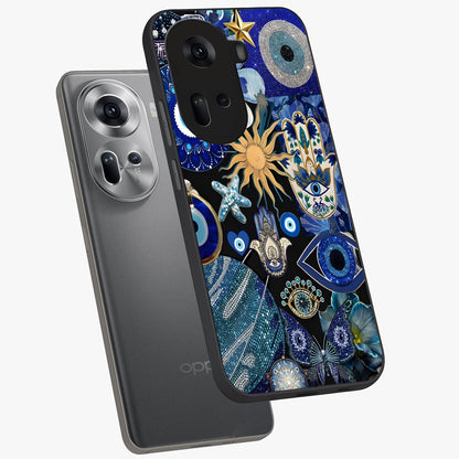 Evil Eye Charm Mix Glass Case displayed in angled mockup highlighting protective evil eye symbols with spiritual aesthetic design.