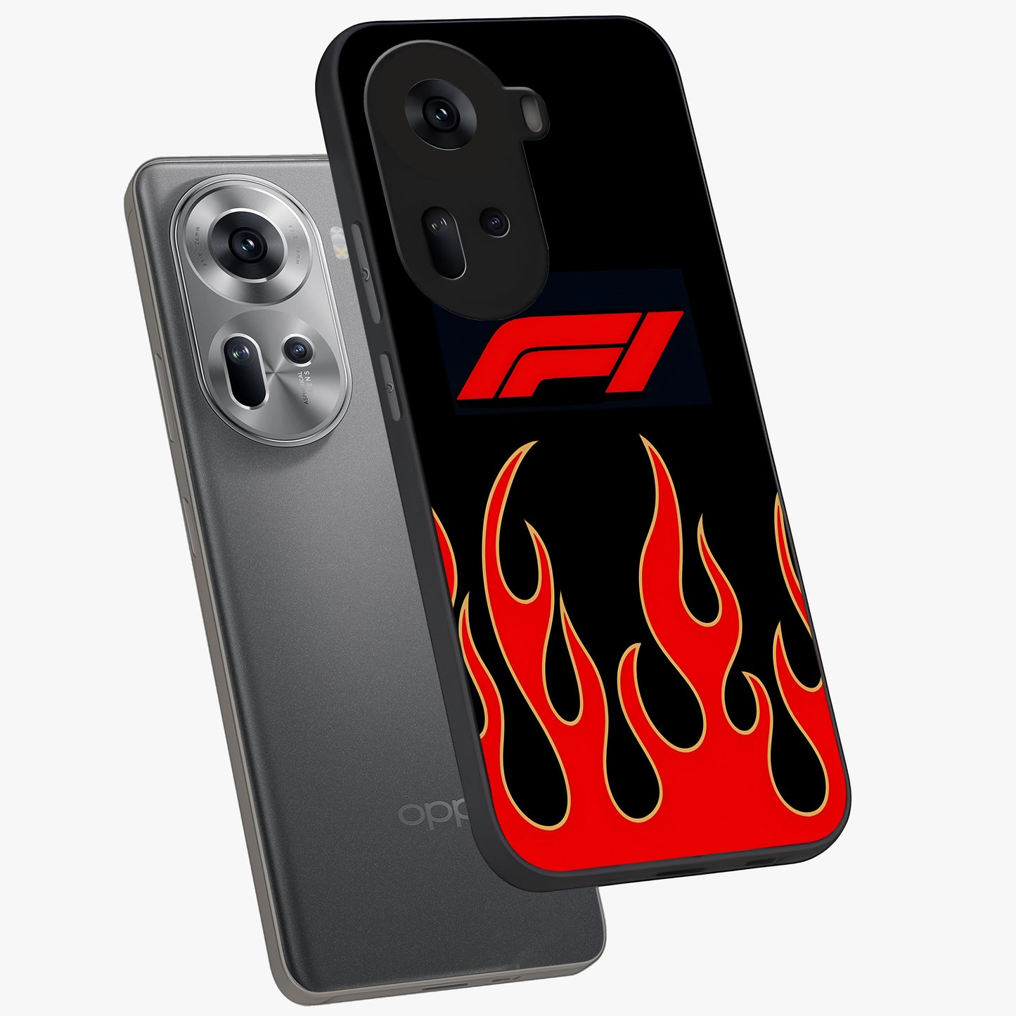 Fire F11 Glass Case displayed in angled mockup highlighting bold fire inspired graphic with energetic aesthetic style.