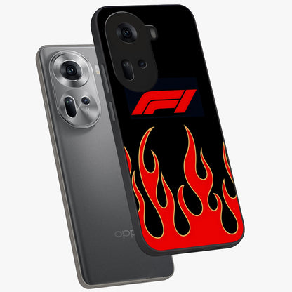 Fire F11 Glass Case displayed in angled mockup highlighting bold fire inspired graphic with energetic aesthetic style.