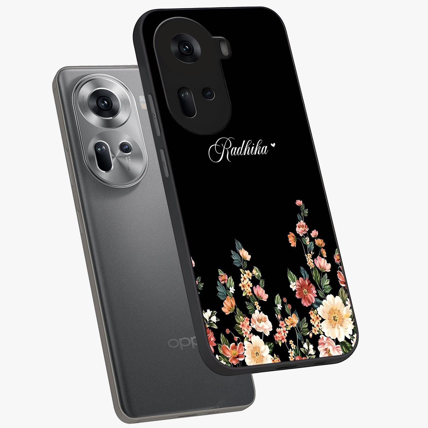 Floral Design With a Custom Personalized Name Glass Case displayed in angled mockup highlighting elegant floral pattern with custom name feature.