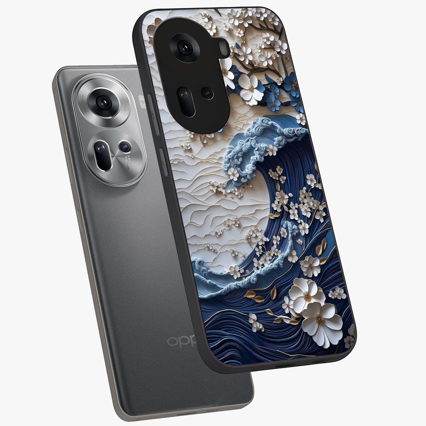 Floral Wave Origami Glass Case displayed in angled mockup highlighting geometric origami flower design with modern aesthetic style.
