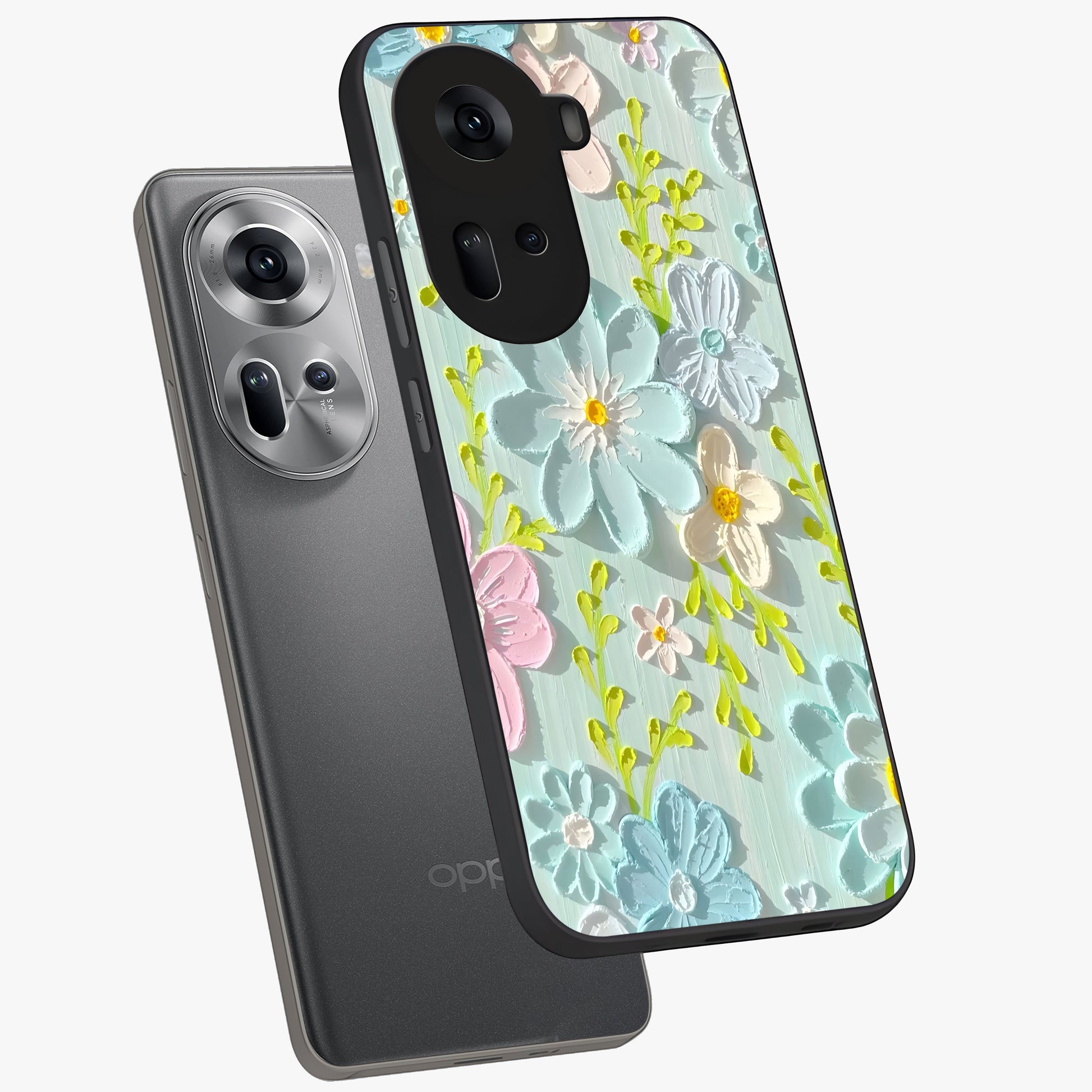 Frosted Petal Garden Glass Case displayed in angled mockup highlighting delicate flower petal design with calm garden aesthetic.