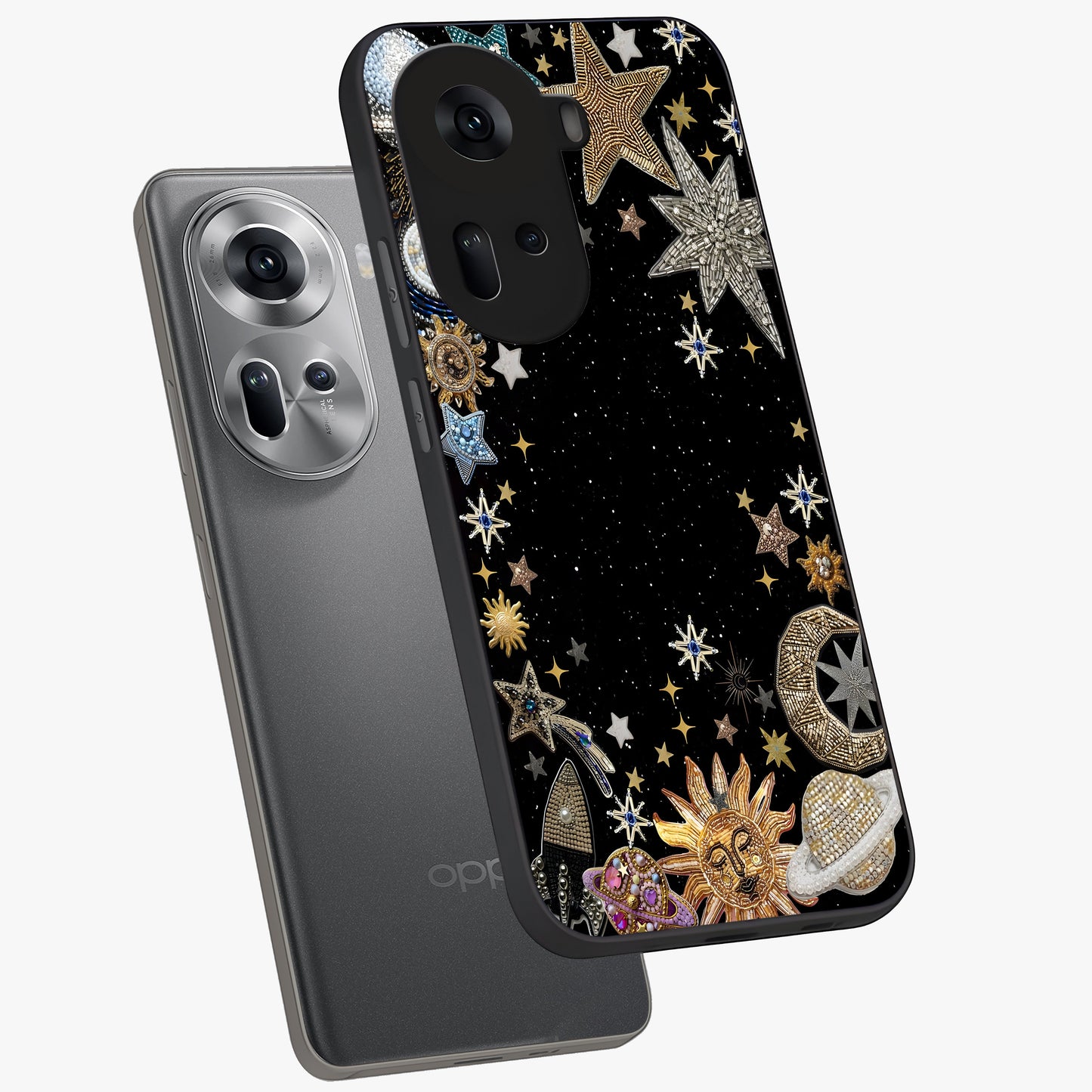 Galactic Jewel Stars Glass Case displayed in angled mockup highlighting shining celestial star design with cosmic aesthetic style.
