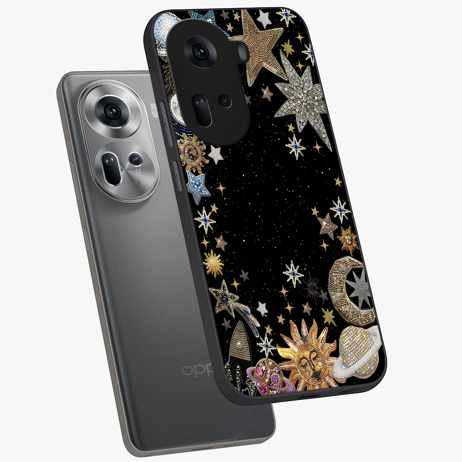 Galactic Jewel Stars Glass Case displayed in angled mockup highlighting shining celestial star design with cosmic aesthetic style.