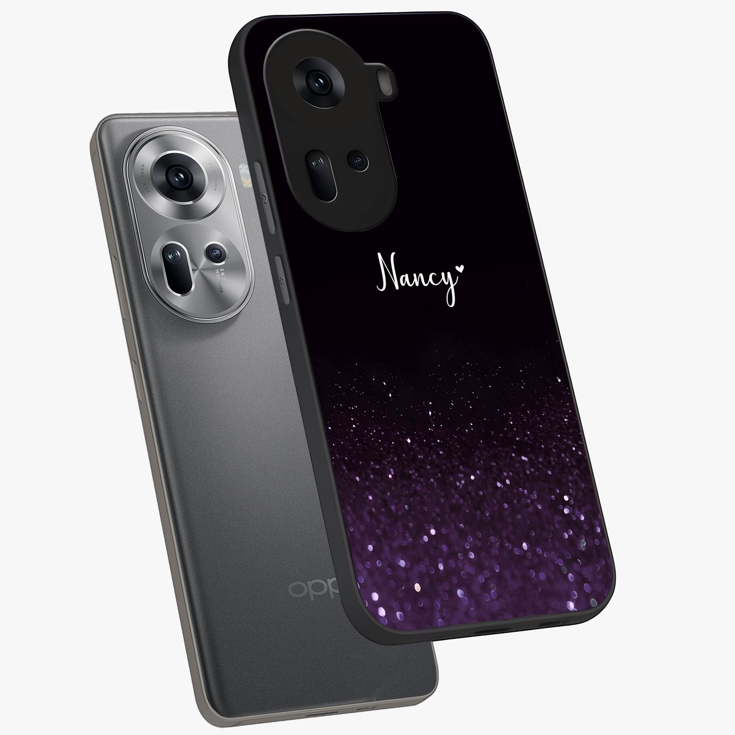Glittery Purple Bokeh Custom Name Glass Case displayed in angled mockup highlighting glitter bokeh pattern with custom name feature.
