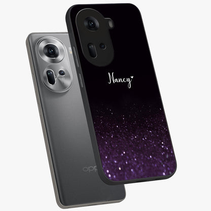 Glittery Purple Bokeh Custom Name Glass Case displayed in angled mockup highlighting glitter bokeh pattern with custom name feature.