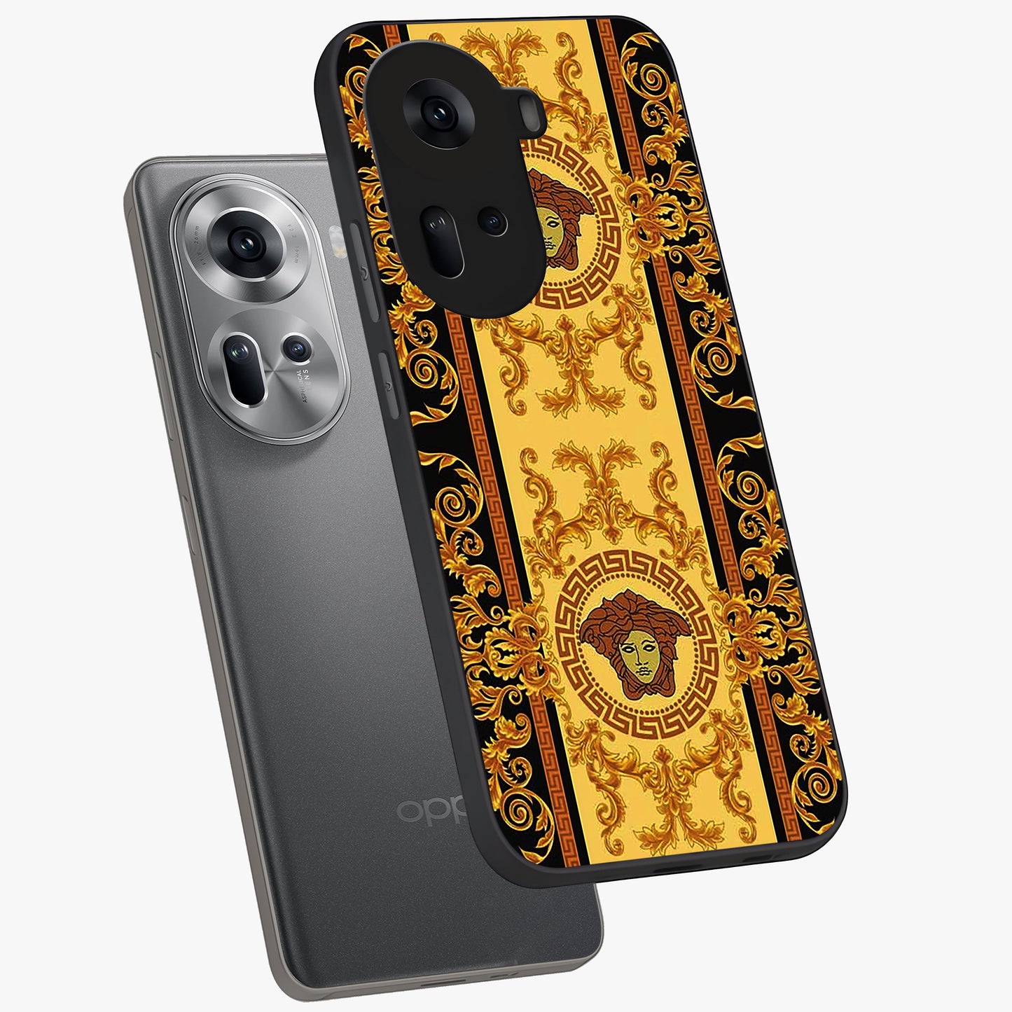Golden Lotus Glow Glass Case displayed in angled mockup highlighting radiant lotus illustration with spiritual aesthetic.