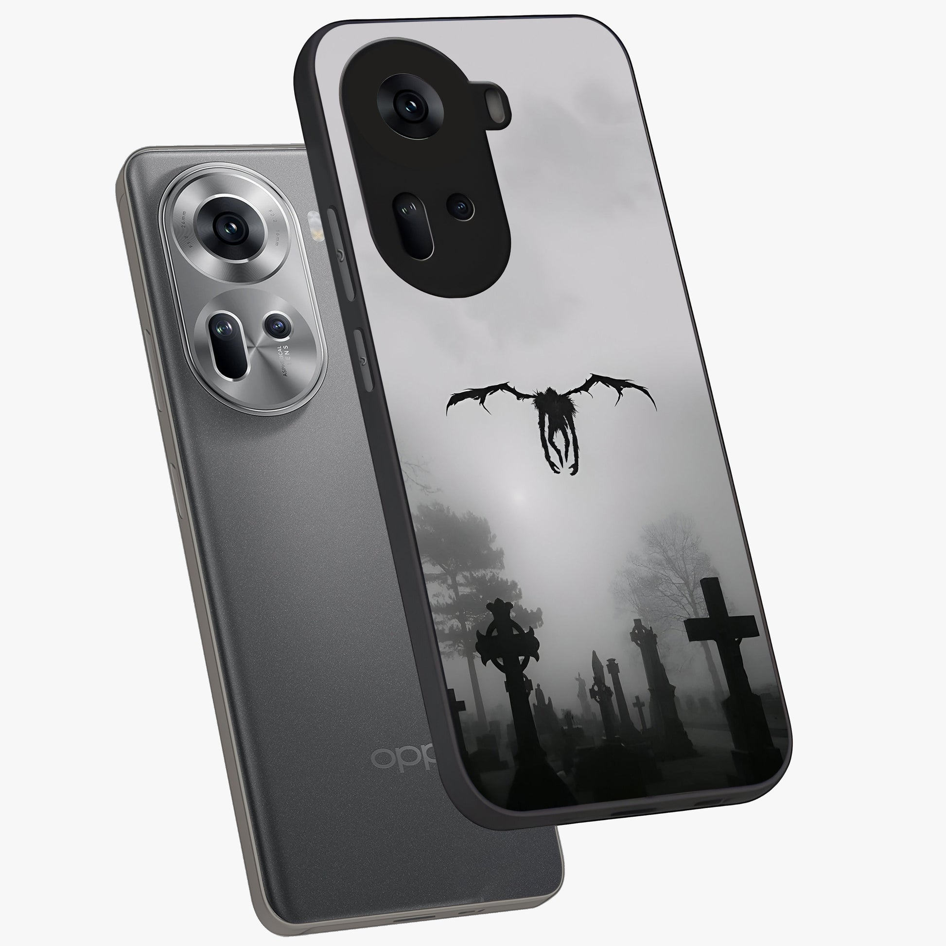 Graveyard Shadow Descent Glass Case displayed in angled mockup highlighting eerie shadow illustration with gothic aesthetic.