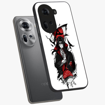 Itachi Limited Edition Naruto Anime Glass Case displayed in angled mockup highlighting dramatic anime illustration with bold action aesthetic.