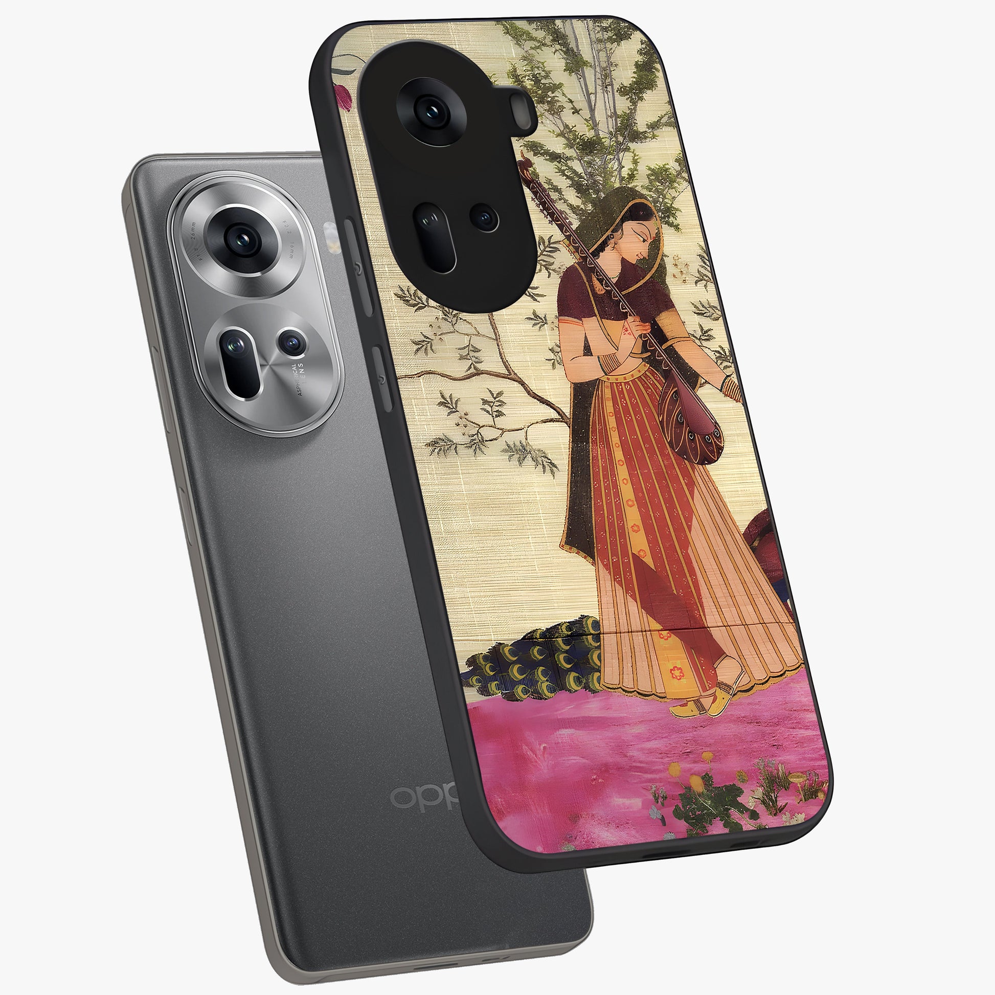 Lady With Veena Art Glass Case displayed in angled mockup highlighting graceful musical illustration with cultural artistic aesthetic.