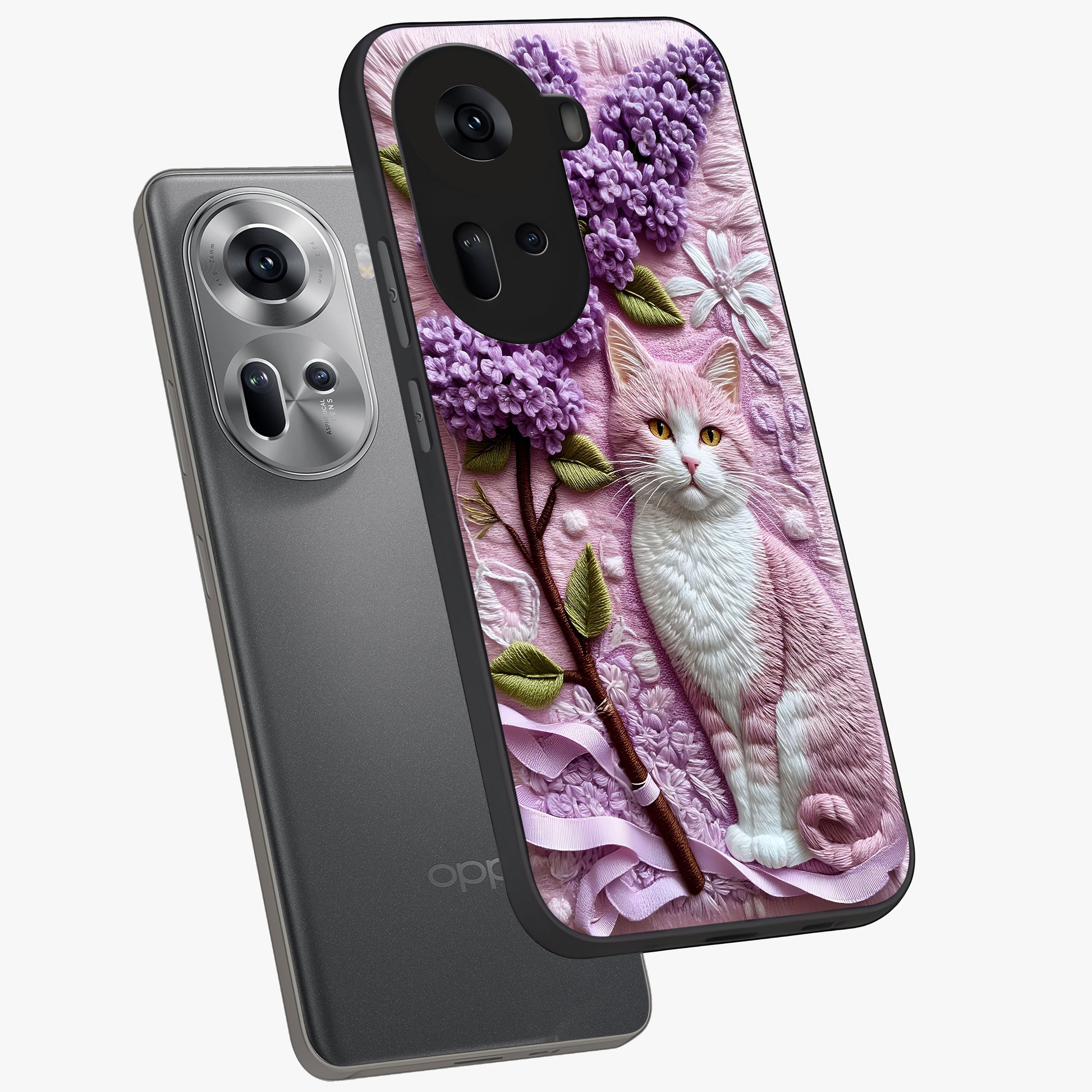 Lavender Cat Whimsy Glass Case displayed in angled mockup highlighting playful feline illustration with pastel lavender aesthetic.