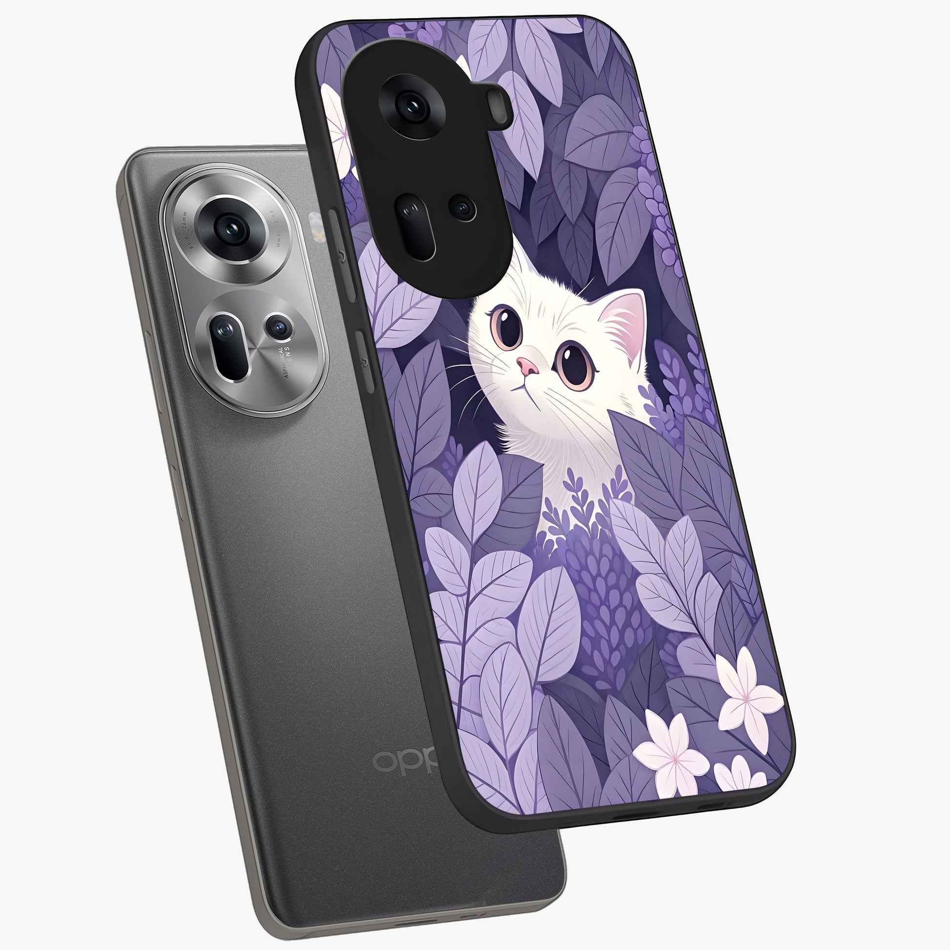 Lilac Hide Peek Cat Glass Case displayed in angled mockup highlighting playful feline illustration with lilac aesthetic design.