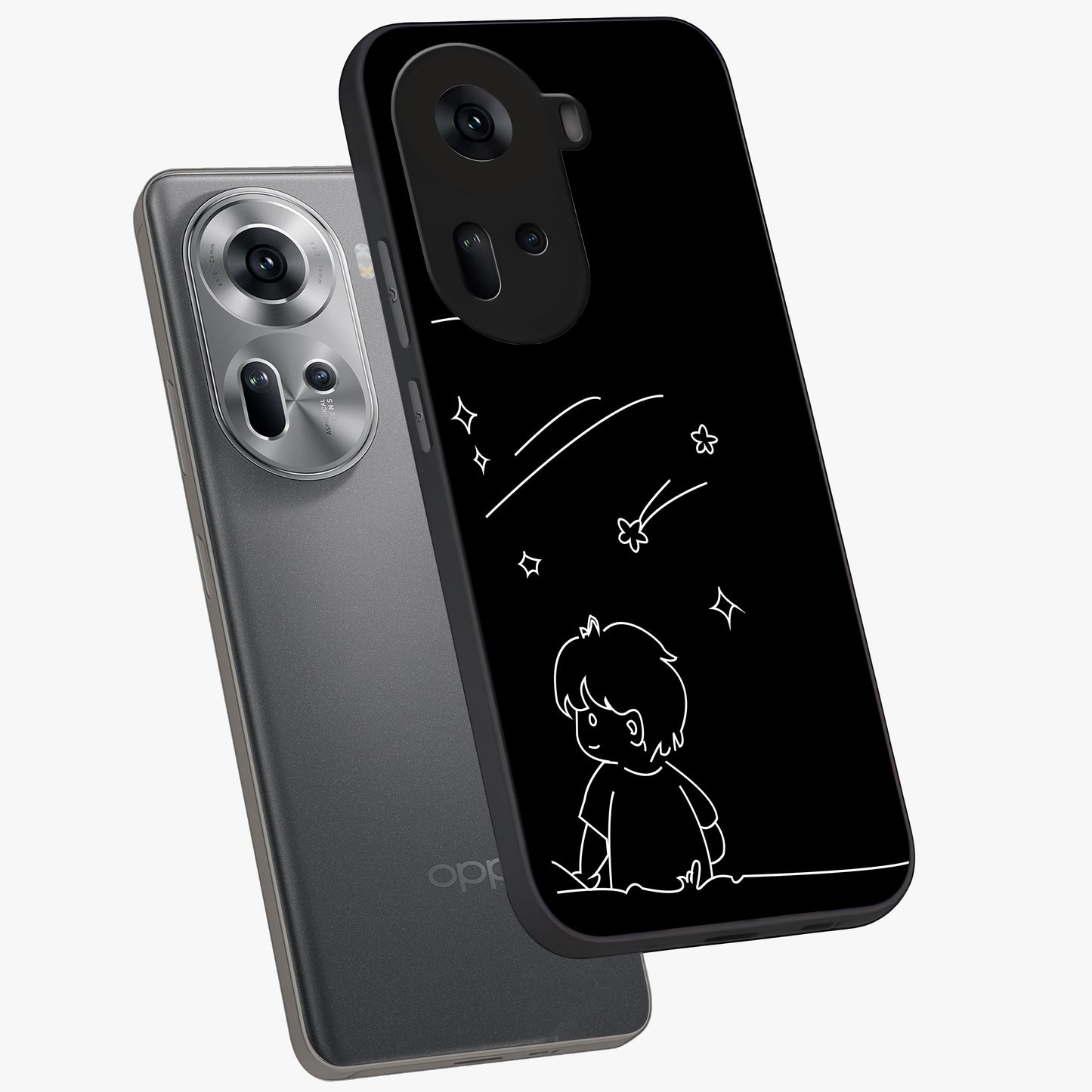 Line Art Boy With Shooting Stars Glass Case displayed in angled mockup highlighting elegant line art design with dreamy star aesthetic.