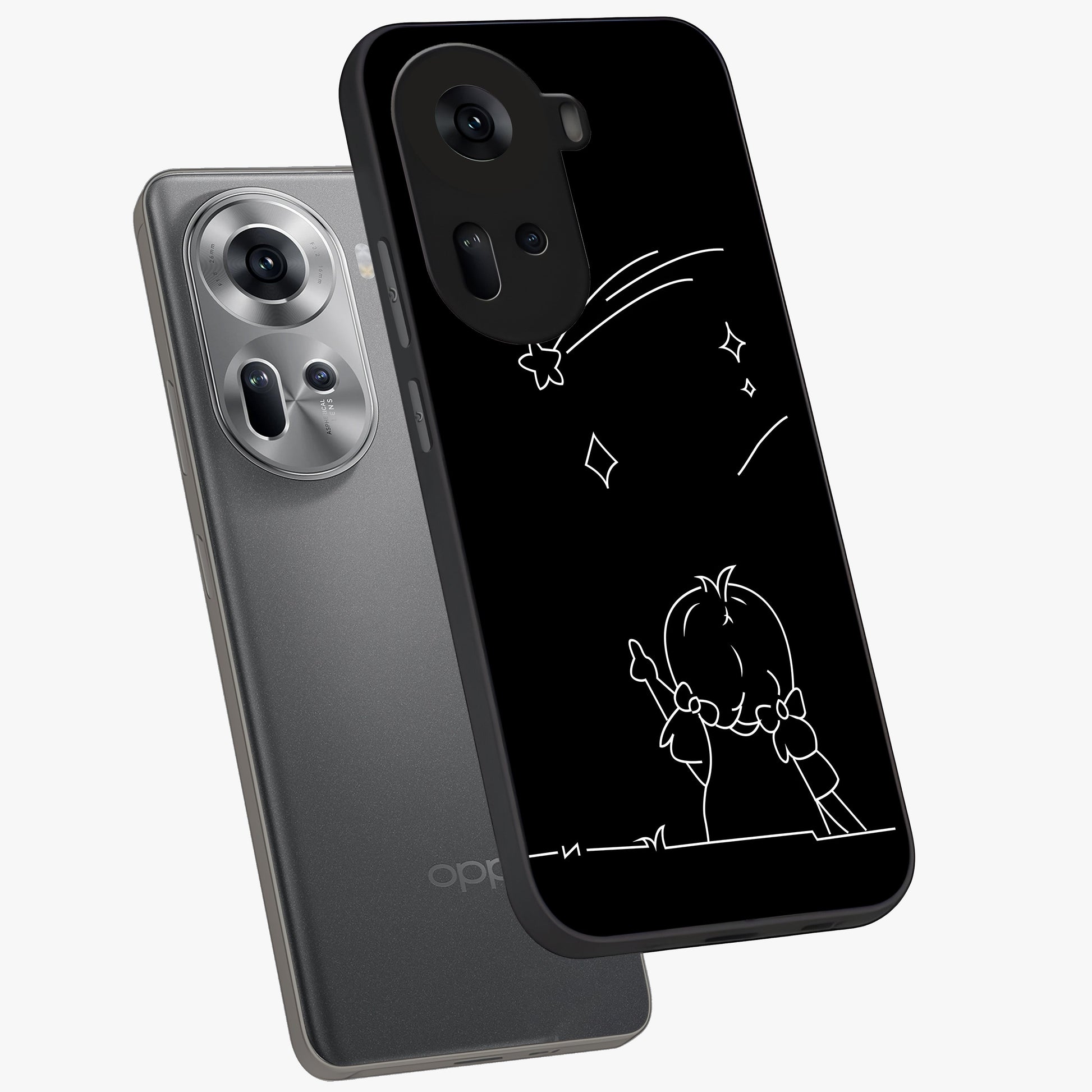 Line Art Girl With Shooting Stars Glass Case displayed in angled mockup highlighting elegant line art design with dreamy star aesthetic.