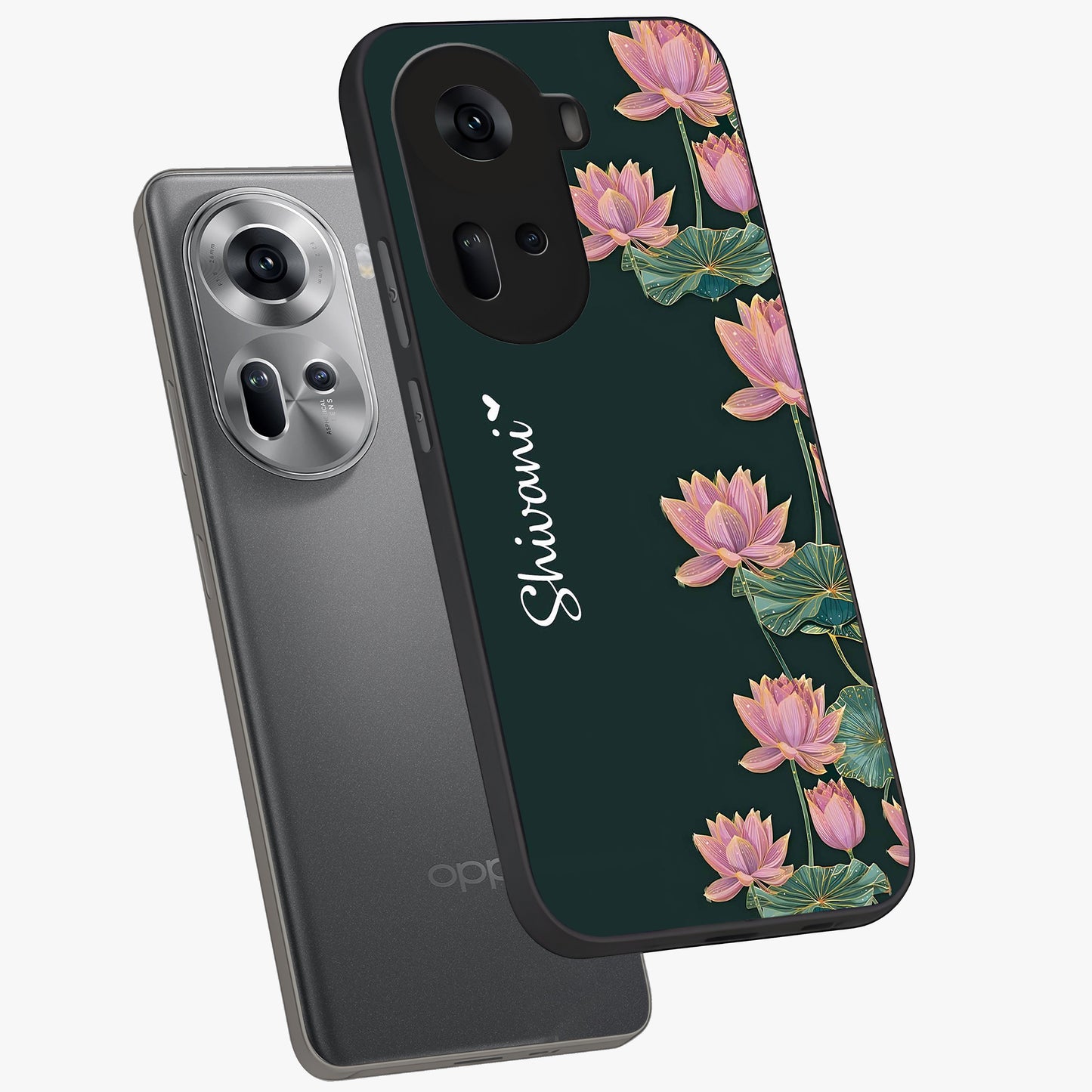 Lotus Bloom Serenity Custom Name Glass Case displayed in angled mockup highlighting graceful lotus illustration with custom name feature.