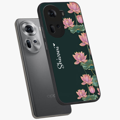 Lotus Bloom Serenity Custom Name Glass Case displayed in angled mockup highlighting graceful lotus illustration with custom name feature.