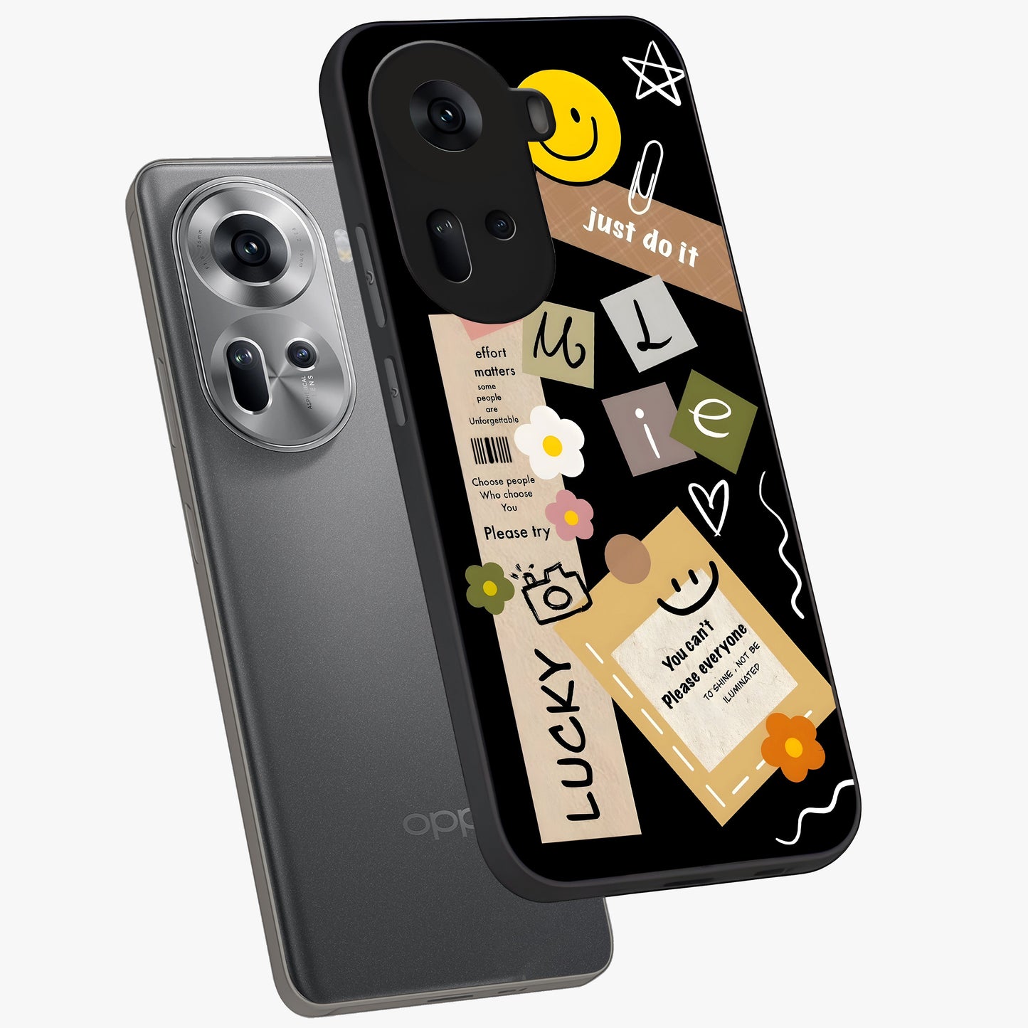 Lucky Aesthetic Collage Glass Case displayed in angled mockup highlighting stylish collage pattern with modern aesthetic vibe.