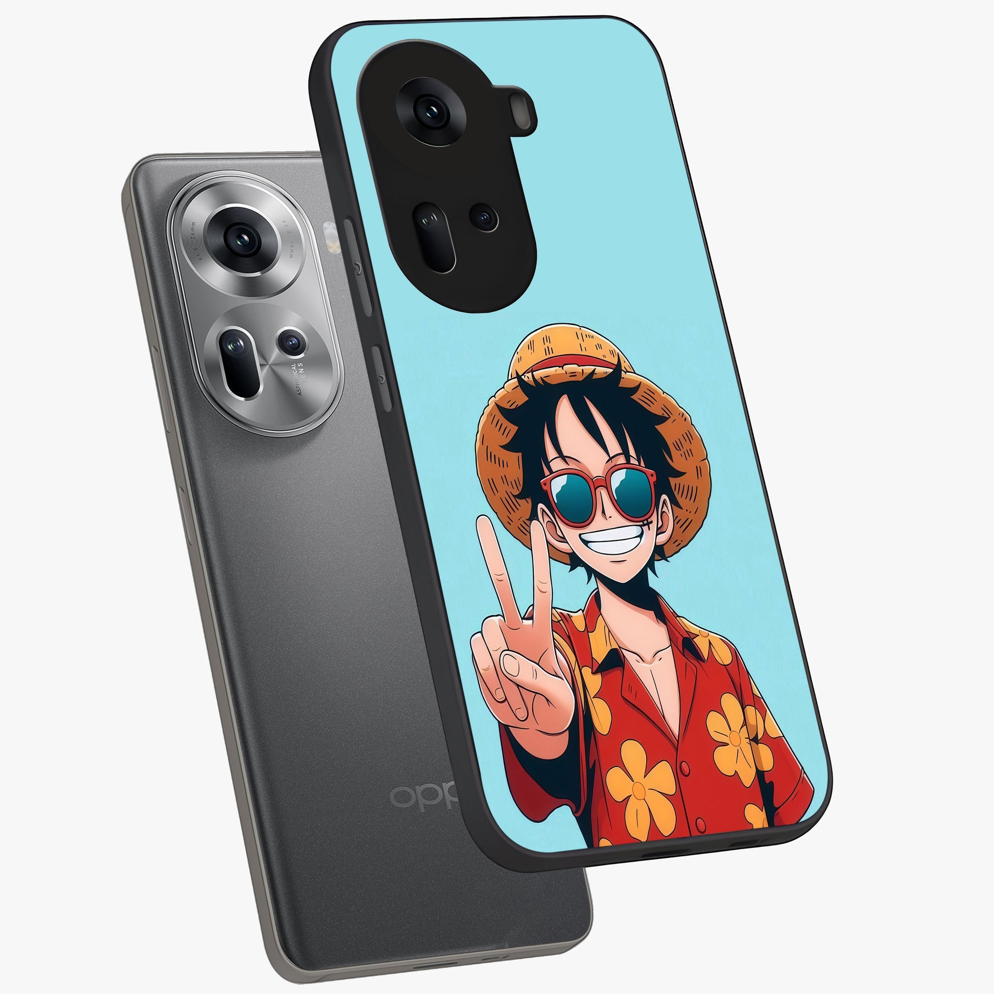 Luffy Summer Anime Vibe Glass Case displayed in angled mockup highlighting energetic anime illustration with summer vibe aesthetic.