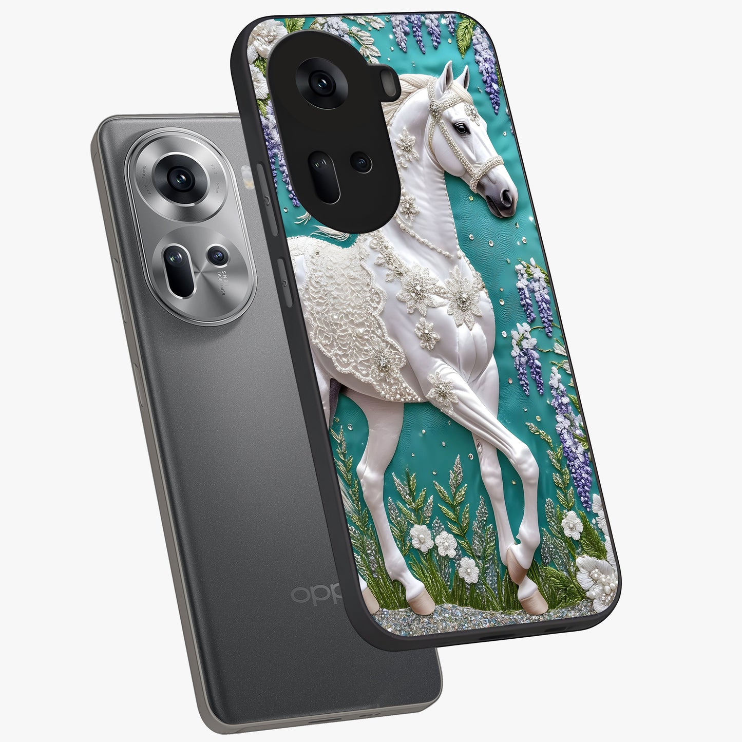 Majestic Floral Stallion Glass Case displayed in angled mockup highlighting majestic stallion illustration with elegant floral aesthetic.